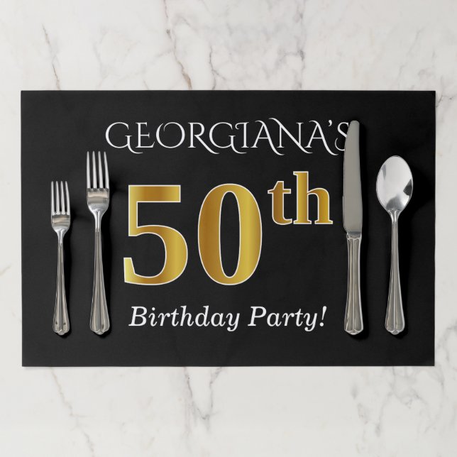 Black, Faux Gold 50th Birthday + Custom Name Paper Placemat (In Situ)