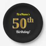 [ Thumbnail: Black, Faux Gold 50th Birthday + Custom Name Paper Plates ]