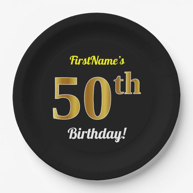 Black, Faux Gold 50th Birthday + Custom Name Paper Plates (Front)