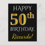 [ Thumbnail: Black, Faux Gold 50th Birthday + Custom Name Postcard ]