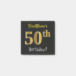 [ Thumbnail: Black, Faux Gold 50th Birthday, With Custom Name Notes ]