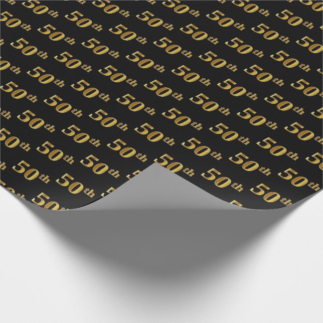 Black, Faux Gold 50th (Fiftieth) Event Wrapping Paper (Corner)