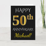 [ Thumbnail: Black, Faux Gold 50th Wedding Anniversary + Name Card ]