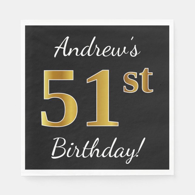 Black, Faux Gold 51st Birthday + Custom Name Napkins (Front)