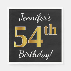 Black, Faux Gold 54th Birthday + Custom Name Napkins