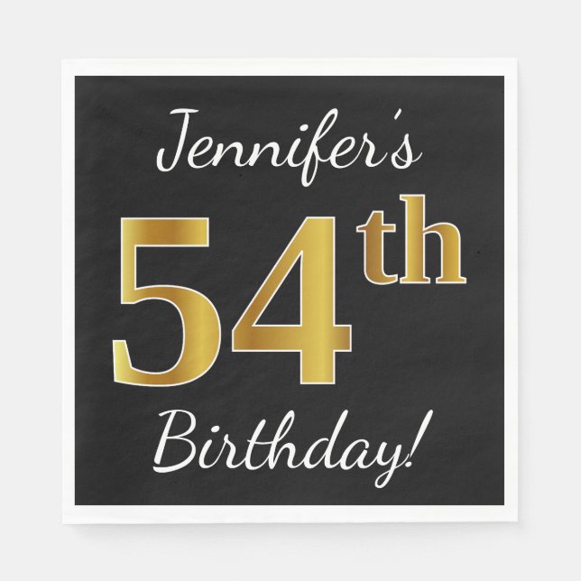 Black, Faux Gold 54th Birthday + Custom Name Napkins (Front)
