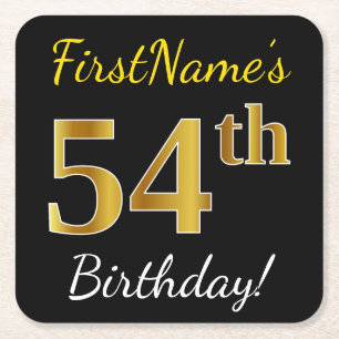 Black, Faux Gold 54th Birthday + Custom Name Square Paper Coaster