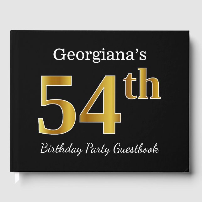 Black, Faux Gold 54th Birthday Party + Custom Name Guest Book (Front)