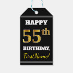 [ Thumbnail: Black, Faux Gold 55th Birthday + Custom Name Gift Tags ]