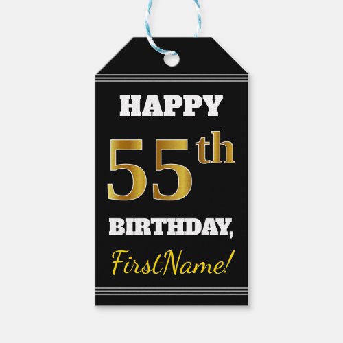 Black Faux Gold 55th Birthday  Custom Name Gift Tags