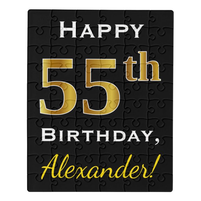 Black, Faux Gold 55th Birthday + Custom Name Jigsaw Puzzle (Puzzle Vertical)
