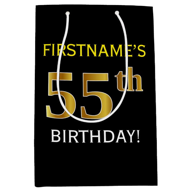 Black, Faux Gold 55th Birthday + Custom Name Medium Gift Bag (Front)