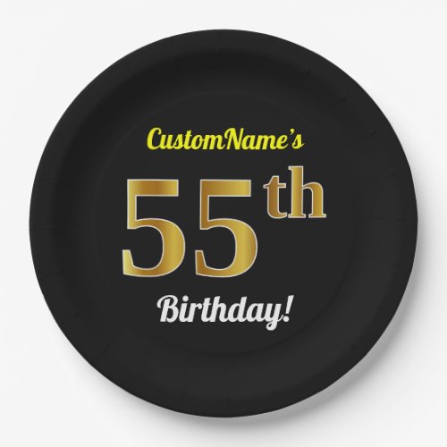 Black Faux Gold 55th Birthday  Custom Name Paper Plates