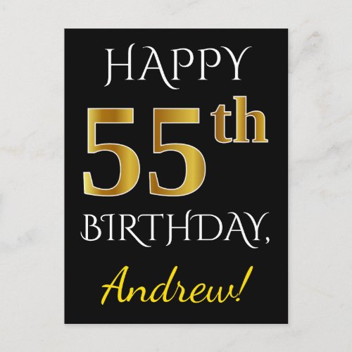 Black Faux Gold 55th Birthday  Custom Name Postcard