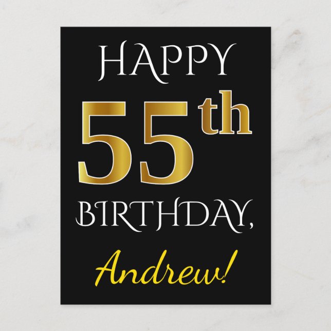 Black, Faux Gold 55th Birthday + Custom Name Postcard (Front)