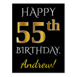 [ Thumbnail: Black, Faux Gold 55th Birthday + Custom Name Postcard ]