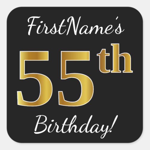 Black Faux Gold 55th Birthday  Custom Name Square Sticker