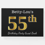 [ Thumbnail: Black, Faux Gold 55th Birthday Party + Custom Name Guest Book ]