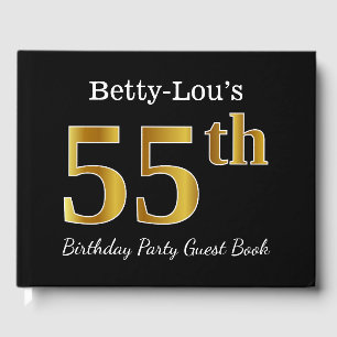 Black, Faux Gold 55th Birthday Party + Custom Name Guest Book