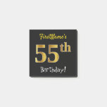 [ Thumbnail: Black, Faux Gold 55th Birthday, With Custom Name Notes ]