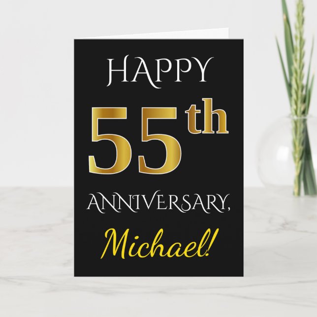 Black, Faux Gold 55th Wedding Anniversary + Name Card (Front)