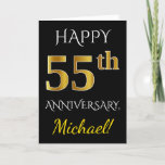 [ Thumbnail: Black, Faux Gold 55th Wedding Anniversary + Name Card ]