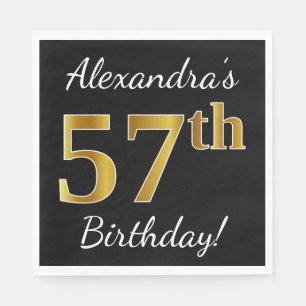 Black, Faux Gold 57th Birthday + Custom Name Napkins