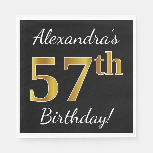 Black, Faux Gold 57th Birthday + Custom Name Napkins (Front)