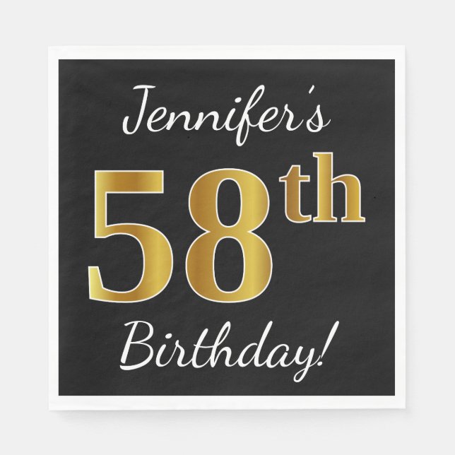 Black, Faux Gold 58th Birthday + Custom Name Napkins (Front)