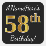 [ Thumbnail: Black, Faux Gold 58th Birthday + Custom Name Sticker ]