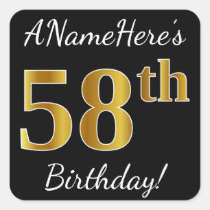 Black, Faux Gold 58th Birthday + Custom Name Square Sticker