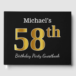 Black, Faux Gold 58th Birthday Party + Custom Name Guest Book