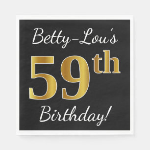 Black, Faux Gold 59th Birthday + Custom Name Napkins