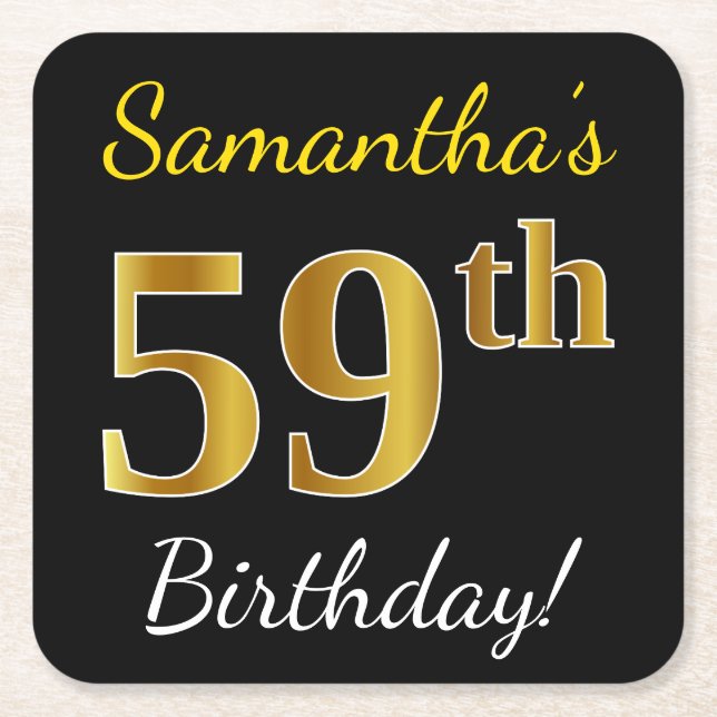 Black, Faux Gold 59th Birthday + Custom Name Square Paper Coaster (Front)