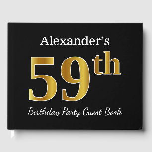 Black, Faux Gold 59th Birthday Party + Custom Name Guest Book