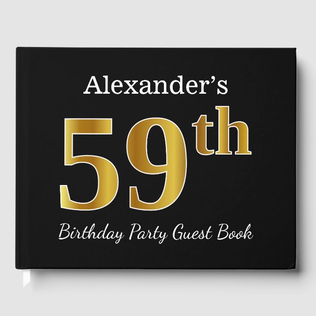 Black, Faux Gold 59th Birthday Party + Custom Name Guest Book (Front)