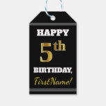 [ Thumbnail: Black, Faux Gold 5th Birthday + Custom Name Gift Tags ]