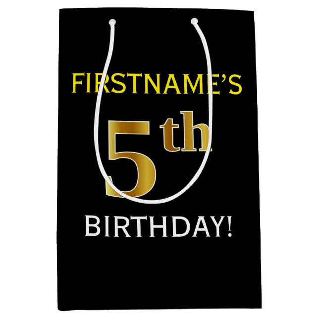 Black, Faux Gold 5th Birthday + Custom Name Medium Gift Bag (Front)