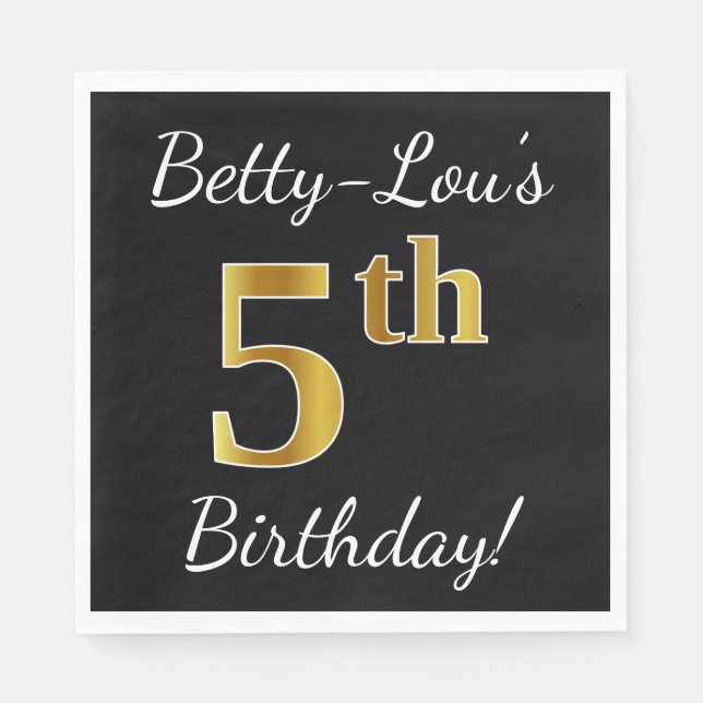 Black, Faux Gold 5th Birthday + Custom Name Paper Napkins (Front)