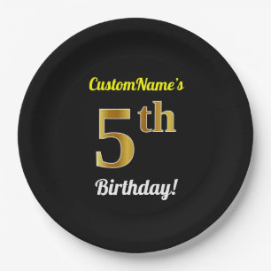 Black, Faux Gold 5th Birthday + Custom Name Paper Plates
