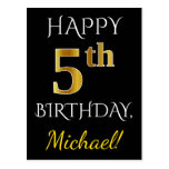 [ Thumbnail: Black, Faux Gold 5th Birthday + Custom Name Postcard ]