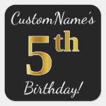 [ Thumbnail: Black, Faux Gold 5th Birthday + Custom Name Sticker ]