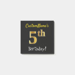 [ Thumbnail: Black, Faux Gold 5th Birthday, With Custom Name Notes ]