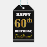 [ Thumbnail: Black, Faux Gold 60th Birthday + Custom Name Gift Tags ]