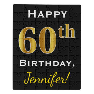 Black, Faux Gold 60th Birthday + Custom Name Jigsaw Puzzle