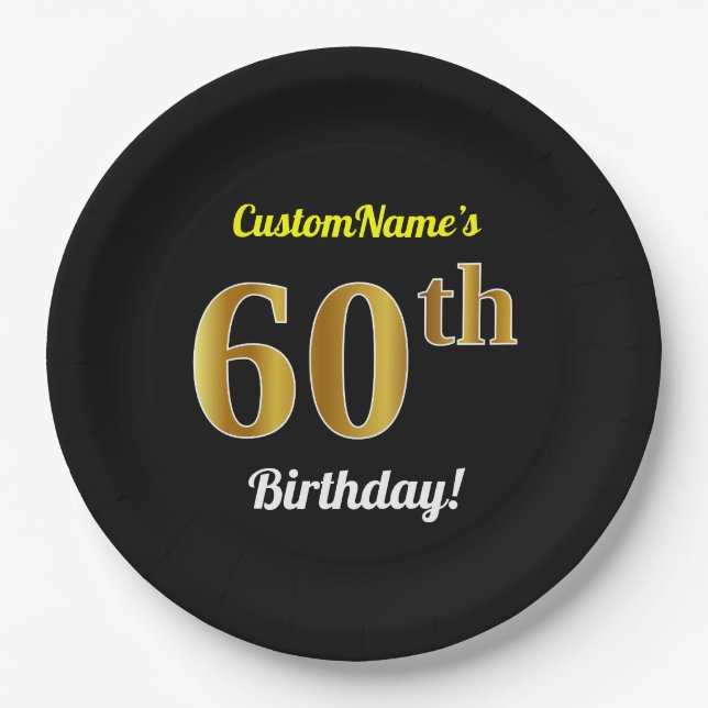 Black, Faux Gold 60th Birthday + Custom Name Paper Plates (Front)