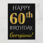[ Thumbnail: Black, Faux Gold 60th Birthday + Custom Name Postcard ]