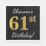 [ Thumbnail: Black, Faux Gold 61st Birthday + Custom Name Napkins ]