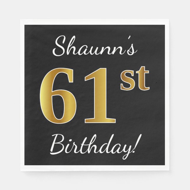 Black, Faux Gold 61st Birthday + Custom Name Napkins (Front)
