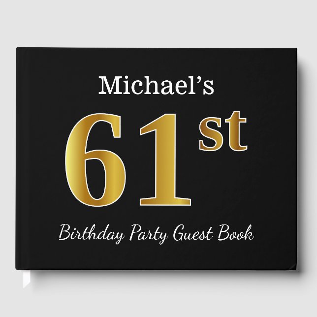 Black, Faux Gold 61st Birthday Party + Custom Name Guest Book (Front)
